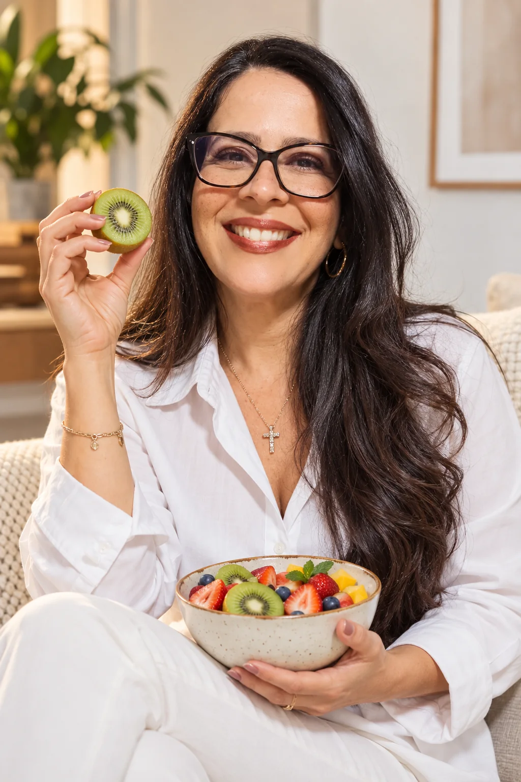 Jamile Baptista sorrindo em um ambiente claro, com uma fatia de kiwi em uma das mãos e um bowl de frutas na outra